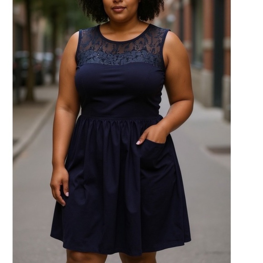 eShakti Navy Blue Lace Fit and Flare Dress Cap Sleeve Size 8 M HOCO Event